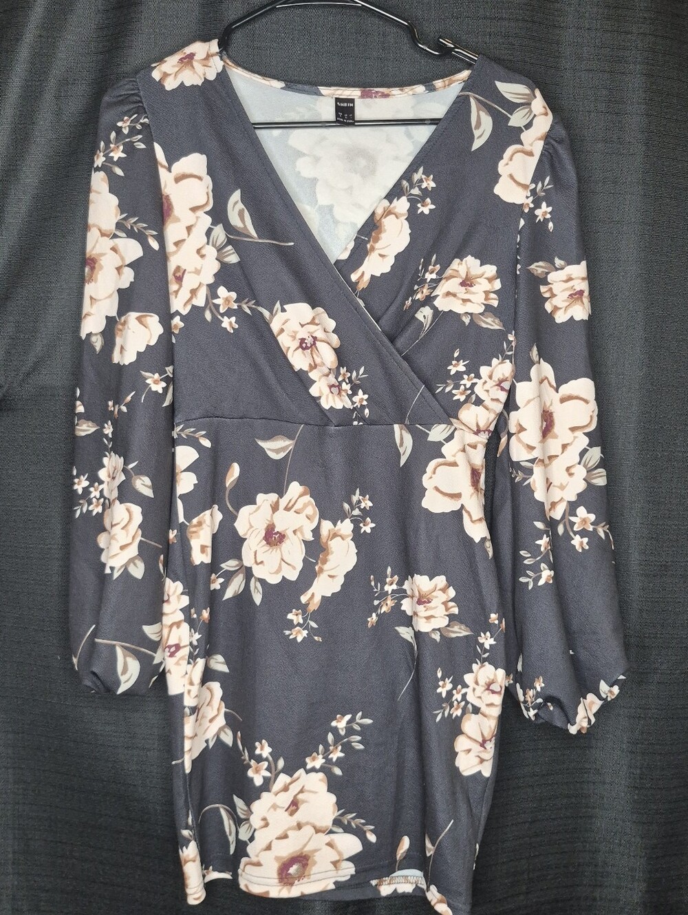 Floral Wrap-Style Long Sleeve Top - Gray with Blush Floral